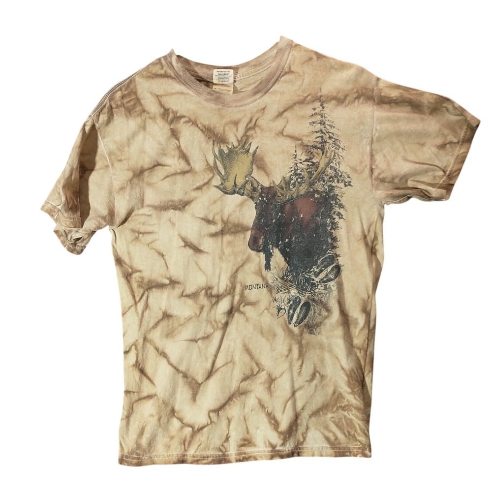 Gildan Montana Moose Graphic T-Shirt Mens Medium Tan Brown Tie Dye Heavy Cotton
